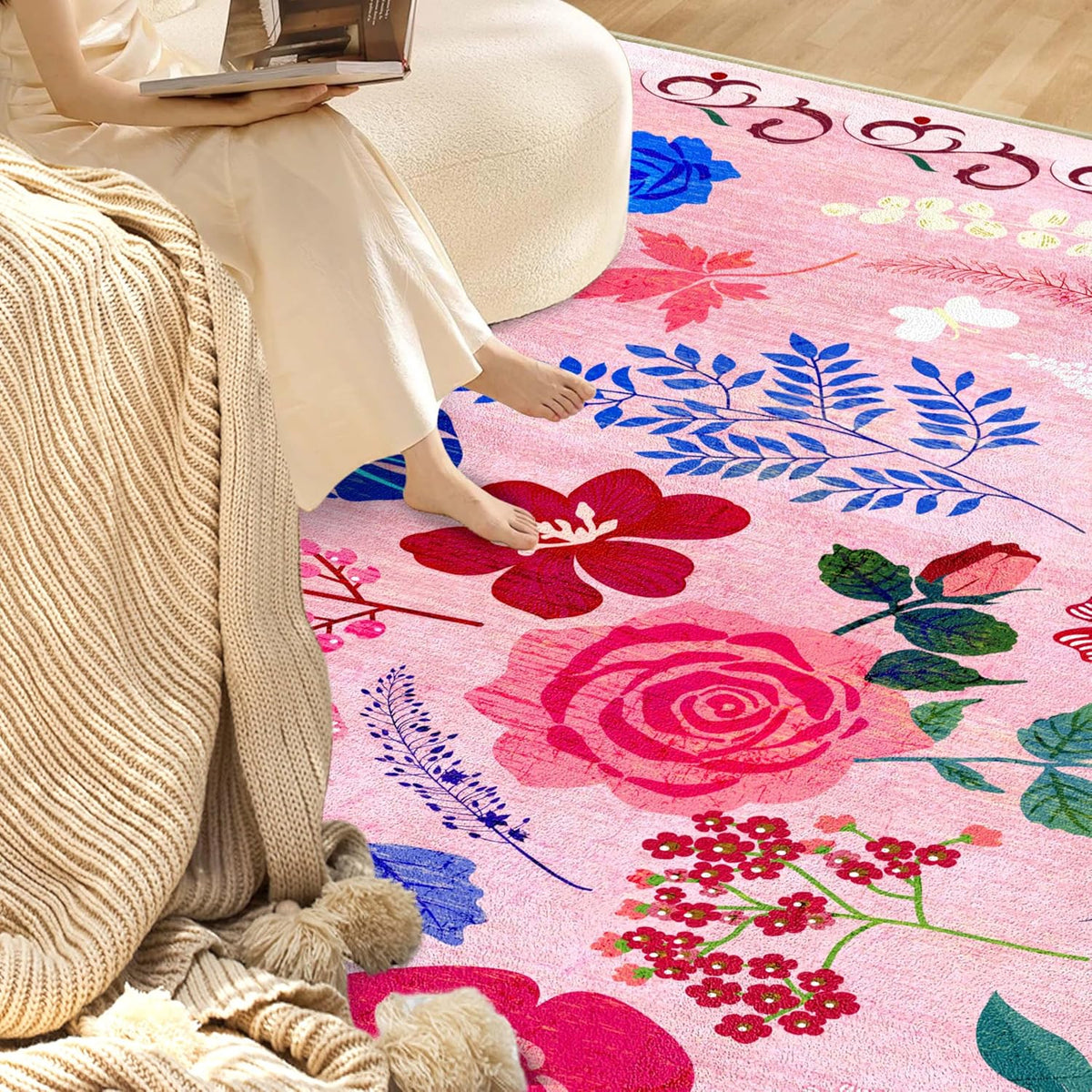 Floral 2x3 Area Rug, Machine Washable Soft Print Boho Carpet, Non Slip Low Pile Flower Area Rugs for Living Room Bedroom Kitchen Dining Room Hallway Entryway Nursery Indoor, Pink