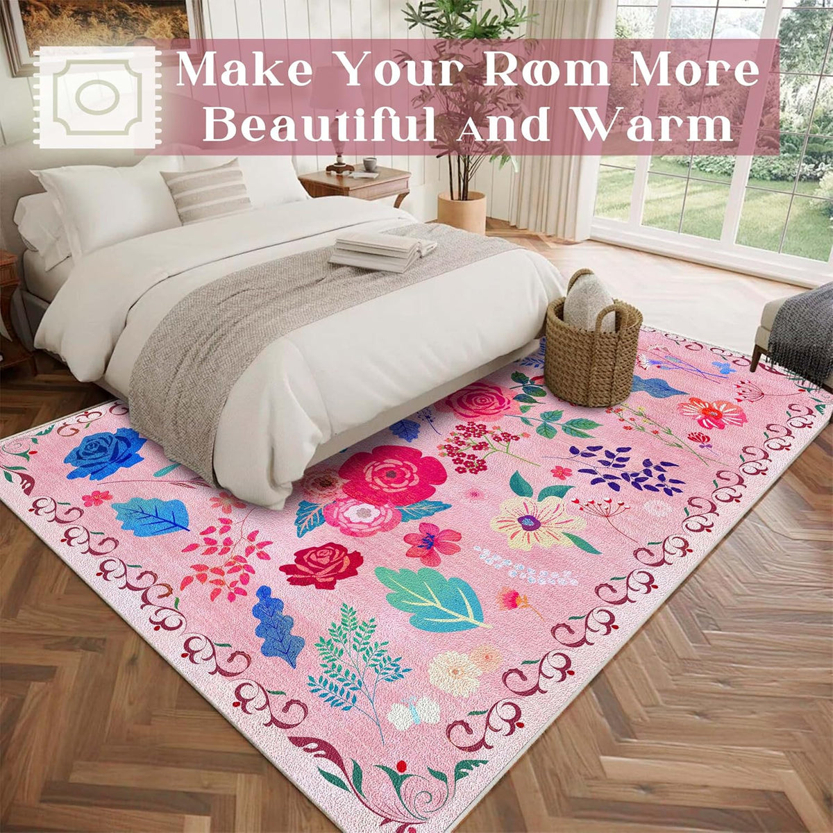 Floral 2x3 Area Rug, Machine Washable Soft Print Boho Carpet, Non Slip Low Pile Flower Area Rugs for Living Room Bedroom Kitchen Dining Room Hallway Entryway Nursery Indoor, Pink