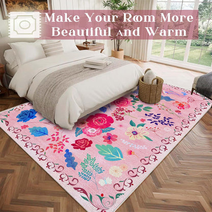 Floral 2x3 Area Rug, Machine Washable Soft Print Boho Carpet, Non Slip Low Pile Flower Area Rugs for Living Room Bedroom Kitchen Dining Room Hallway Entryway Nursery Indoor, Pink