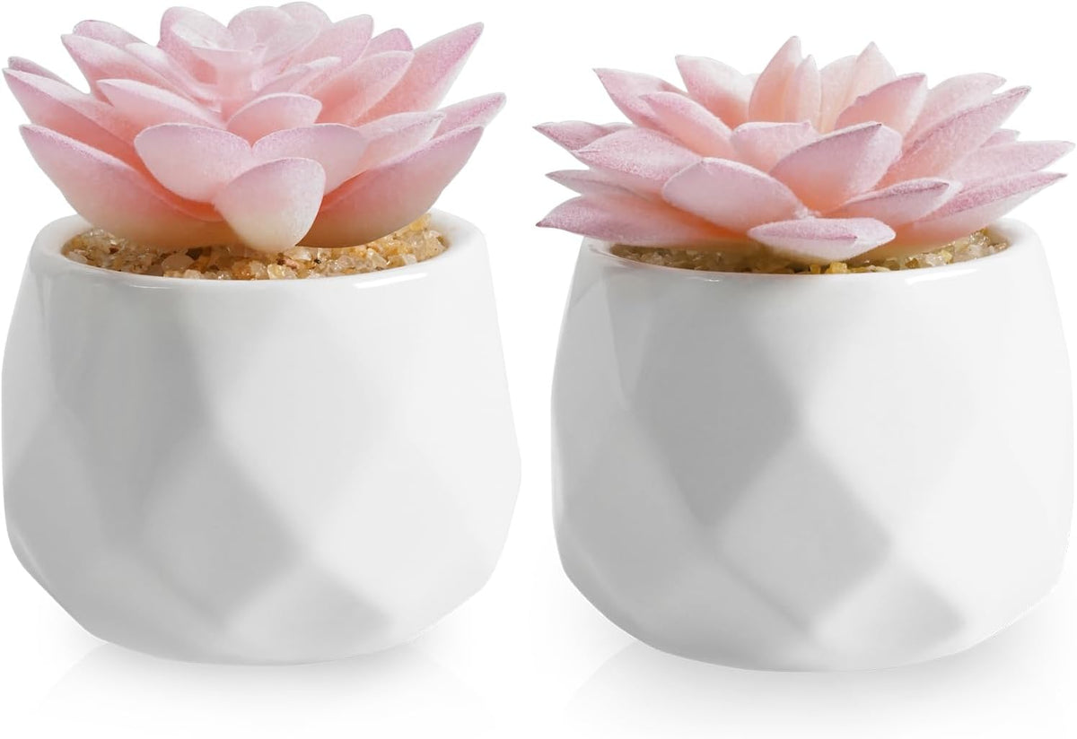 Mini Succulents Plants Artificial in Pots-Pink, Christmas Small Fake Succulents Plants for Home Decor Indoor for Women, White Ceramic Faux Succulents, Set of 2, Gifts for Mom