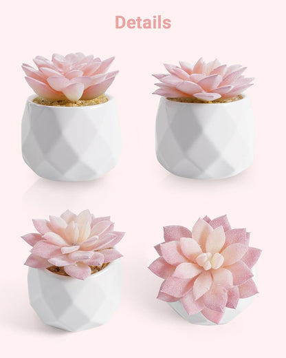 Mini Succulents Plants Artificial in Pots-Pink, Christmas Small Fake Succulents Plants for Home Decor Indoor for Women, White Ceramic Faux Succulents, Set of 2, Gifts for Mom