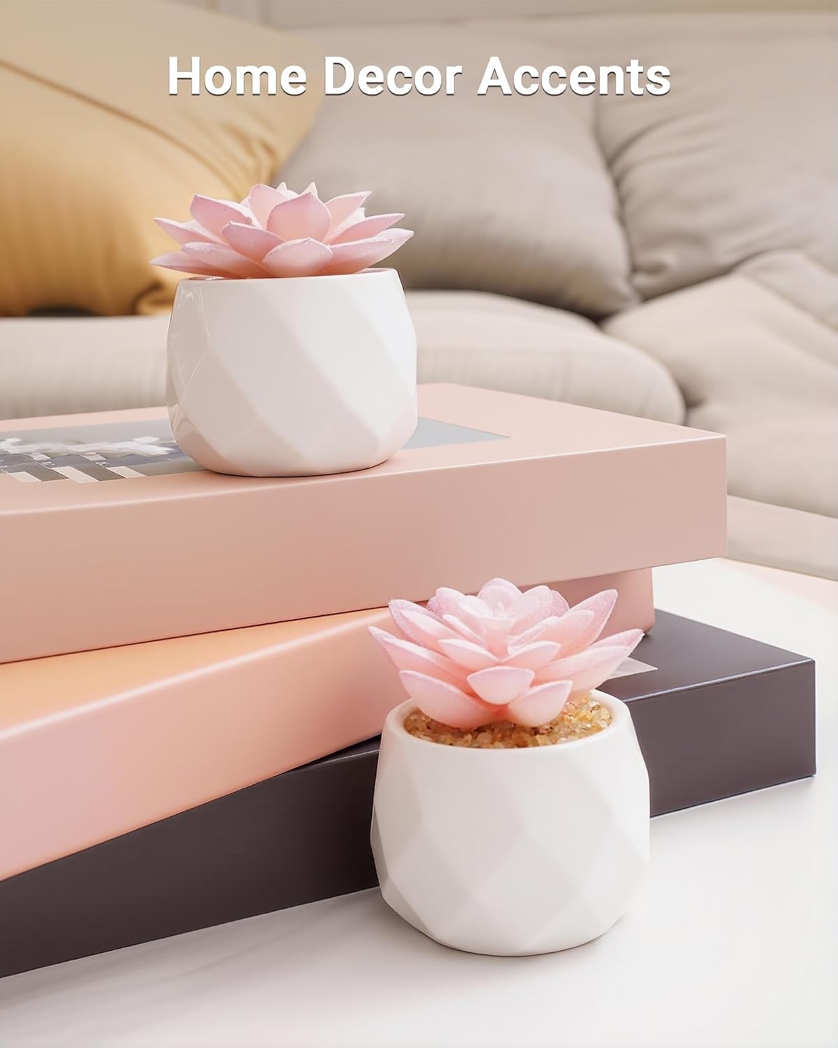 Mini Succulents Plants Artificial in Pots-Pink, Christmas Small Fake Succulents Plants for Home Decor Indoor for Women, White Ceramic Faux Succulents, Set of 2, Gifts for Mom