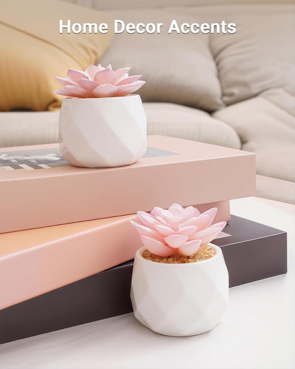 Mini Succulents Plants Artificial in Pots-Pink, Christmas Small Fake Succulents Plants for Home Decor Indoor for Women, White Ceramic Faux Succulents, Set of 2, Gifts for Mom