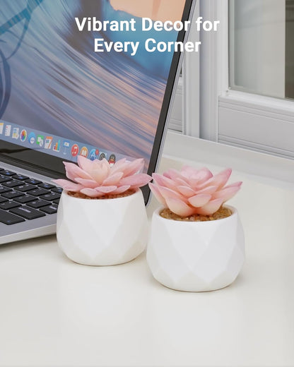Mini Succulents Plants Artificial in Pots-Pink, Christmas Small Fake Succulents Plants for Home Decor Indoor for Women, White Ceramic Faux Succulents, Set of 2, Gifts for Mom