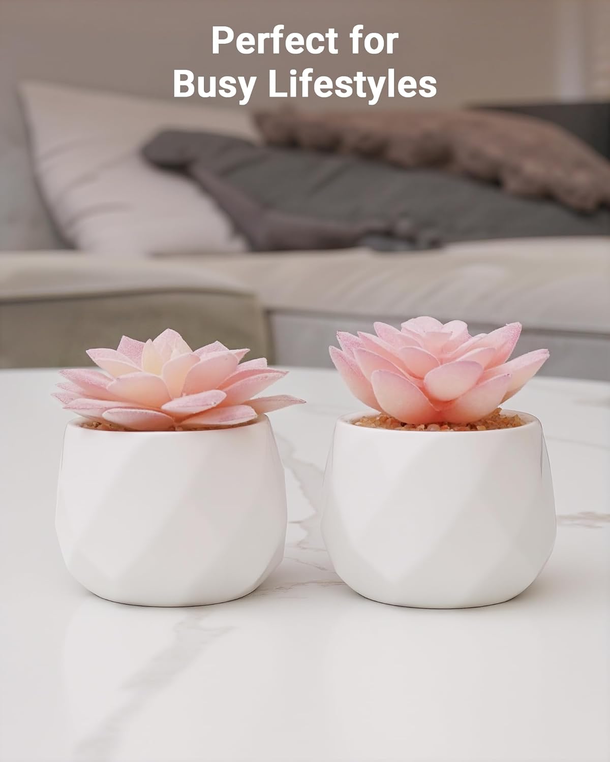 Mini Succulents Plants Artificial in Pots-Pink, Christmas Small Fake Succulents Plants for Home Decor Indoor for Women, White Ceramic Faux Succulents, Set of 2, Gifts for Mom