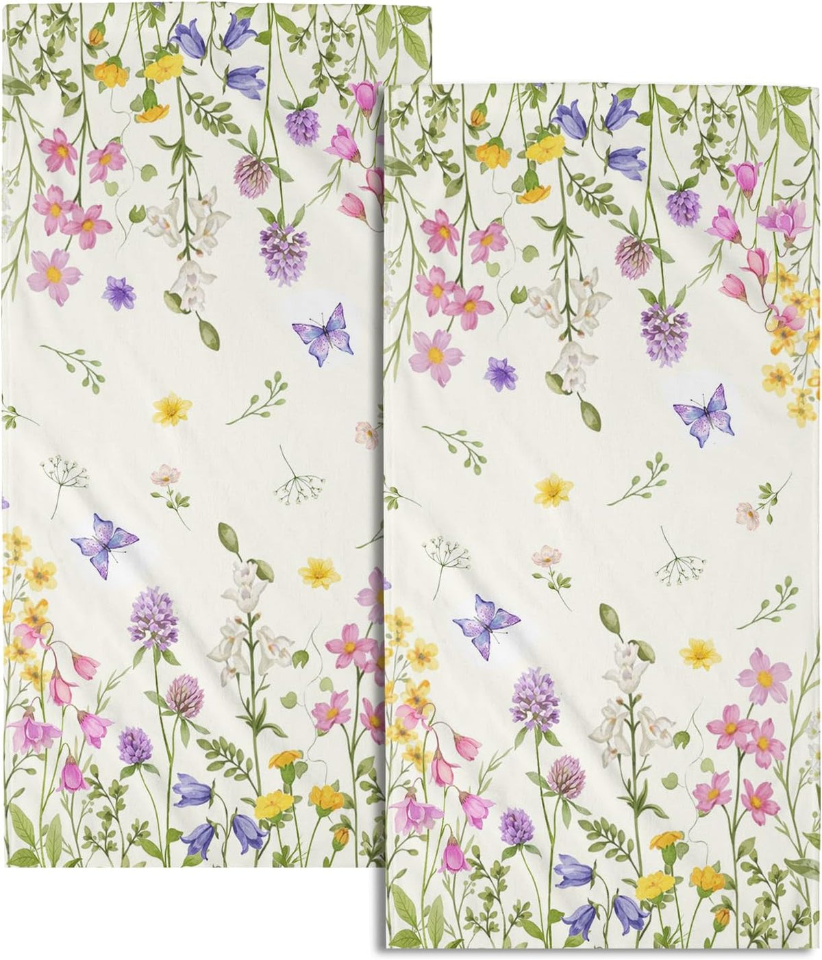 Spring Green Floral and Butterfly Hand Bath Towel Set of 2 Soft Absorbent Wildflower Flowers Print Dishtowel Pink Purple Flowers Tea Towels Cooking Wash Cloth for Kitchen Bar Gym Spa Decor 14x28 Inch