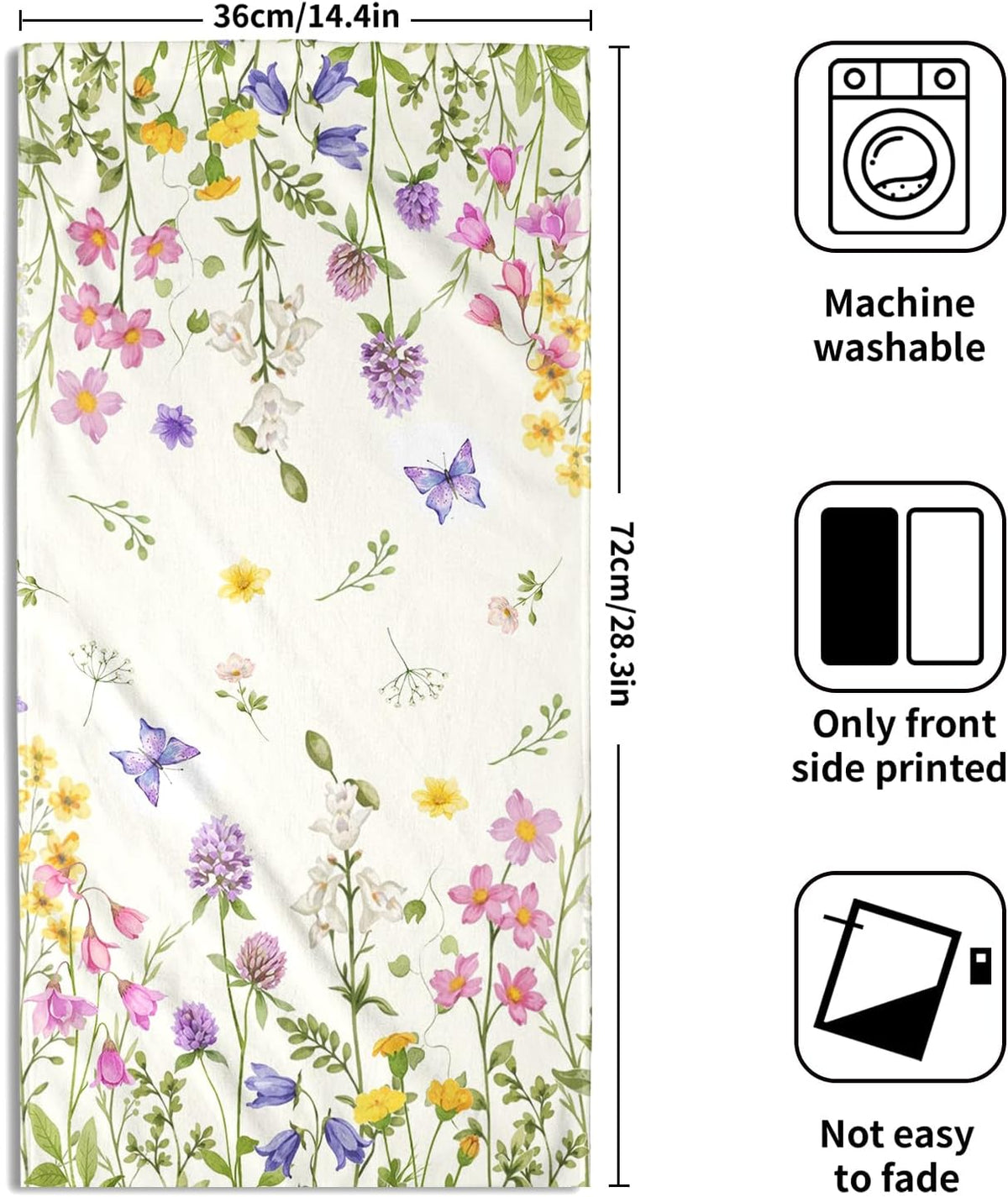 Spring Green Floral and Butterfly Hand Bath Towel Set of 2 Soft Absorbent Wildflower Flowers Print Dishtowel Pink Purple Flowers Tea Towels Cooking Wash Cloth for Kitchen Bar Gym Spa Decor 14x28 Inch