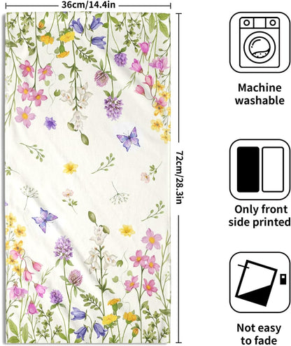 Spring Green Floral and Butterfly Hand Bath Towel Set of 2 Soft Absorbent Wildflower Flowers Print Dishtowel Pink Purple Flowers Tea Towels Cooking Wash Cloth for Kitchen Bar Gym Spa Decor 14x28 Inch