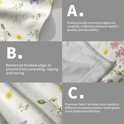 Spring Green Floral and Butterfly Hand Bath Towel Set of 2 Soft Absorbent Wildflower Flowers Print Dishtowel Pink Purple Flowers Tea Towels Cooking Wash Cloth for Kitchen Bar Gym Spa Decor 14x28 Inch