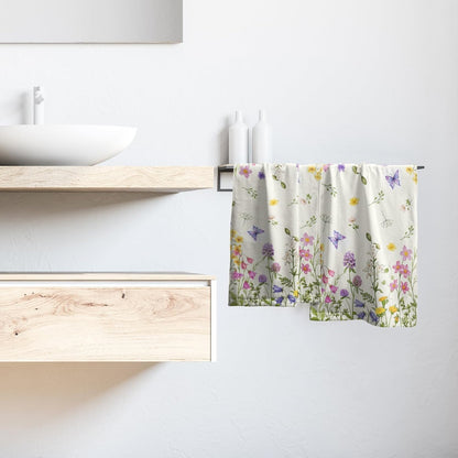 Spring Green Floral and Butterfly Hand Bath Towel Set of 2 Soft Absorbent Wildflower Flowers Print Dishtowel Pink Purple Flowers Tea Towels Cooking Wash Cloth for Kitchen Bar Gym Spa Decor 14x28 Inch