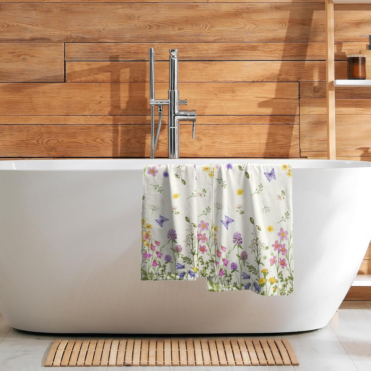 Spring Green Floral and Butterfly Hand Bath Towel Set of 2 Soft Absorbent Wildflower Flowers Print Dishtowel Pink Purple Flowers Tea Towels Cooking Wash Cloth for Kitchen Bar Gym Spa Decor 14x28 Inch