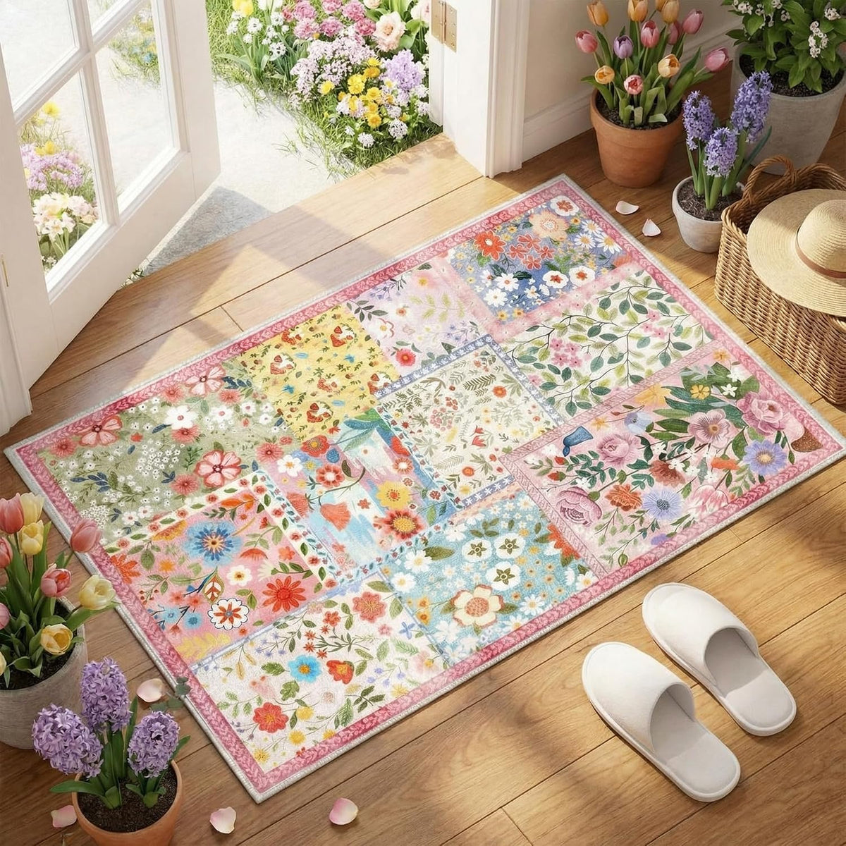2x3ft Pink Floral Quilted Door Mat Flower Cute Pastel Spring Patchwork Rug Washable Non Slip Carpet for Entryway Bedroom Living Room Kitchen Laundry Front Indoor