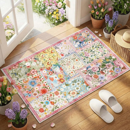 2x3ft Pink Floral Quilted Door Mat Flower Cute Pastel Spring Patchwork Rug Washable Non Slip Carpet for Entryway Bedroom Living Room Kitchen Laundry Front Indoor