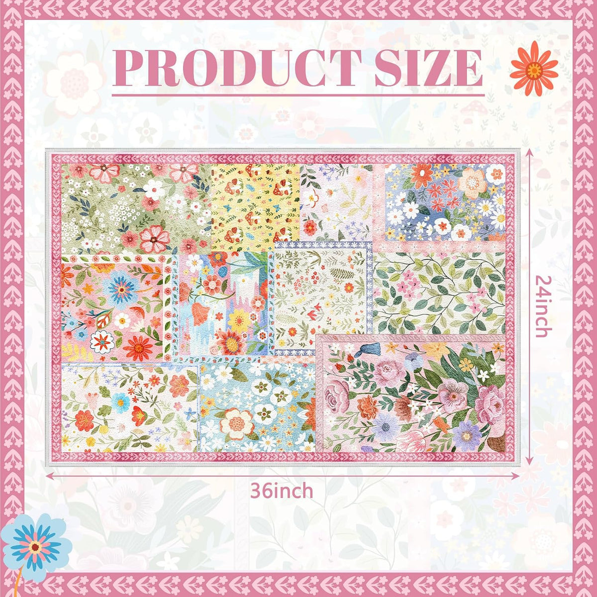 2x3ft Pink Floral Quilted Door Mat Flower Cute Pastel Spring Patchwork Rug Washable Non Slip Carpet for Entryway Bedroom Living Room Kitchen Laundry Front Indoor