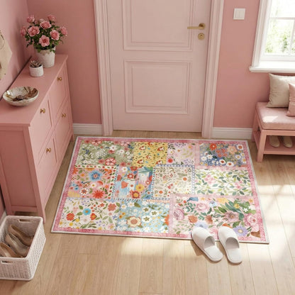 2x3ft Pink Floral Quilted Door Mat Flower Cute Pastel Spring Patchwork Rug Washable Non Slip Carpet for Entryway Bedroom Living Room Kitchen Laundry Front Indoor