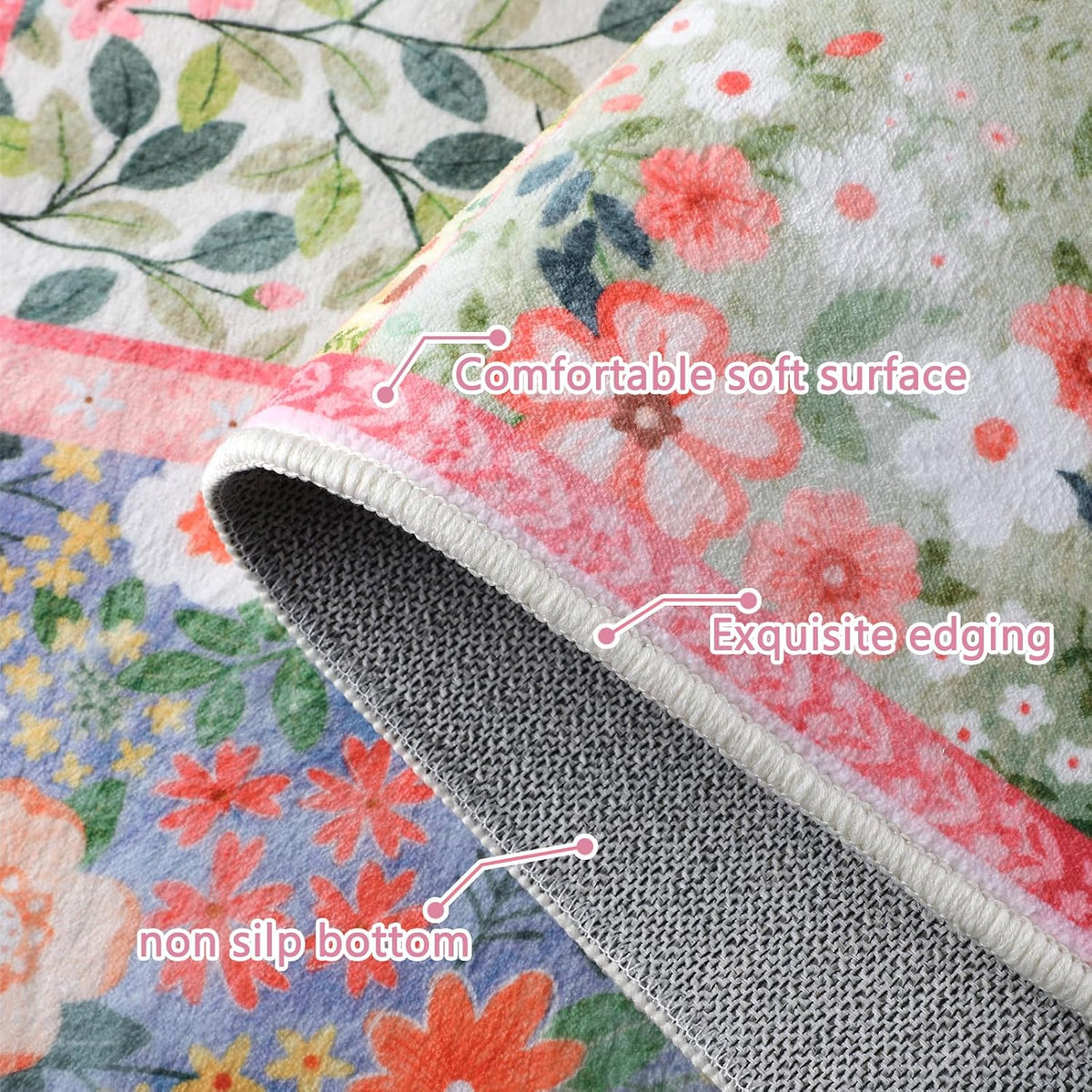 2x3ft Pink Floral Quilted Door Mat Flower Cute Pastel Spring Patchwork Rug Washable Non Slip Carpet for Entryway Bedroom Living Room Kitchen Laundry Front Indoor