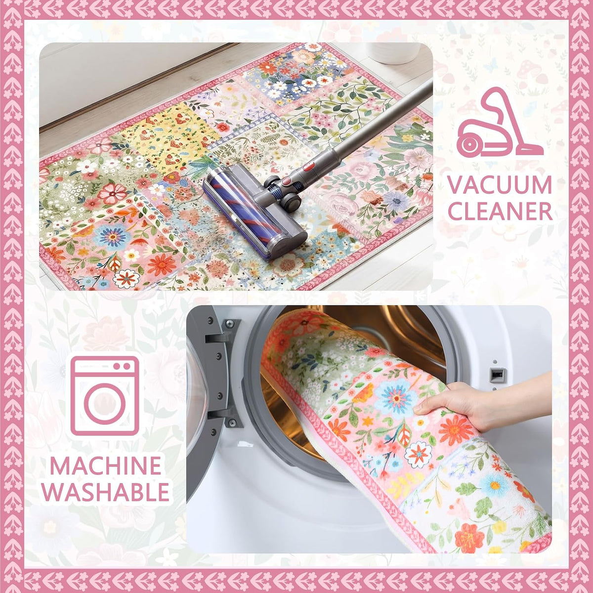 2x3ft Pink Floral Quilted Door Mat Flower Cute Pastel Spring Patchwork Rug Washable Non Slip Carpet for Entryway Bedroom Living Room Kitchen Laundry Front Indoor