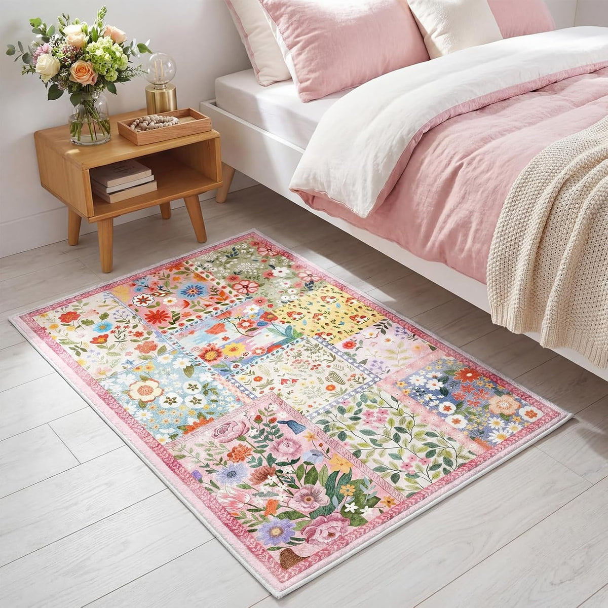 2x3ft Pink Floral Quilted Door Mat Flower Cute Pastel Spring Patchwork Rug Washable Non Slip Carpet for Entryway Bedroom Living Room Kitchen Laundry Front Indoor