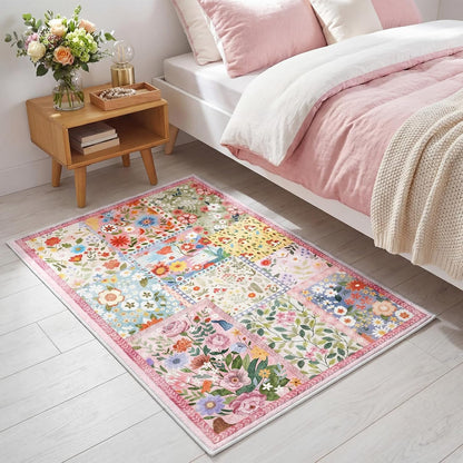 2x3ft Pink Floral Quilted Door Mat Flower Cute Pastel Spring Patchwork Rug Washable Non Slip Carpet for Entryway Bedroom Living Room Kitchen Laundry Front Indoor