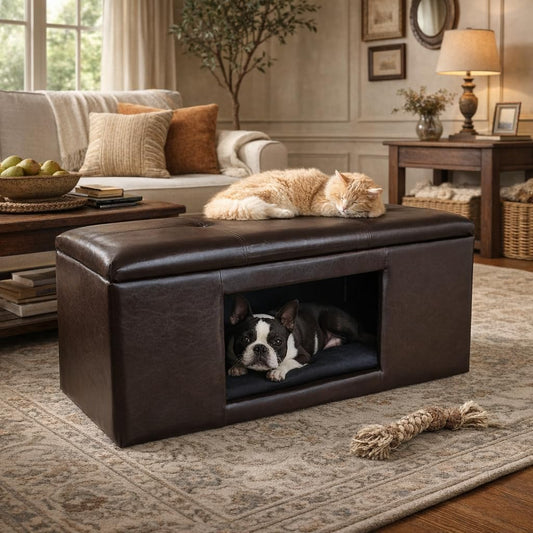 Homepop Home Decor | Button Tufted Leatherette Pet Bed & Bench | Faux Leather Pet Bed | Decorative Pet Furniture (Brown) 38" x 18" x 18"