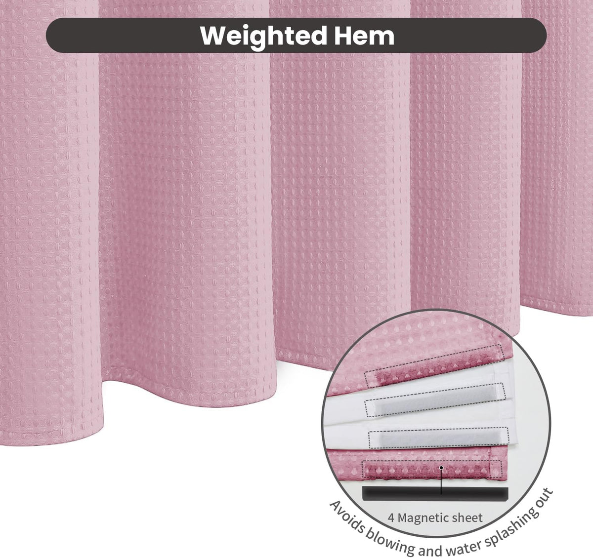 Inhousolu No Hook Shower Curtain with Removable Snap-in Liner, Waffle Weave 230 GSM Polyester, Weighted Hem, Water Repellent Washable, 72 x 72 Inch, Pink