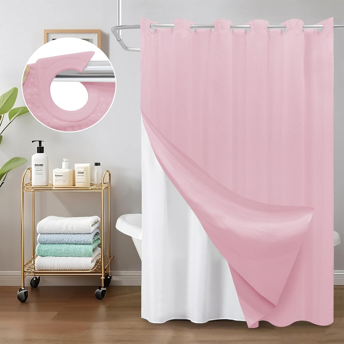Inhousolu No Hook Shower Curtain with Removable Snap-in Liner, Waffle Weave 230 GSM Polyester, Weighted Hem, Water Repellent Washable, 72 x 72 Inch, Pink