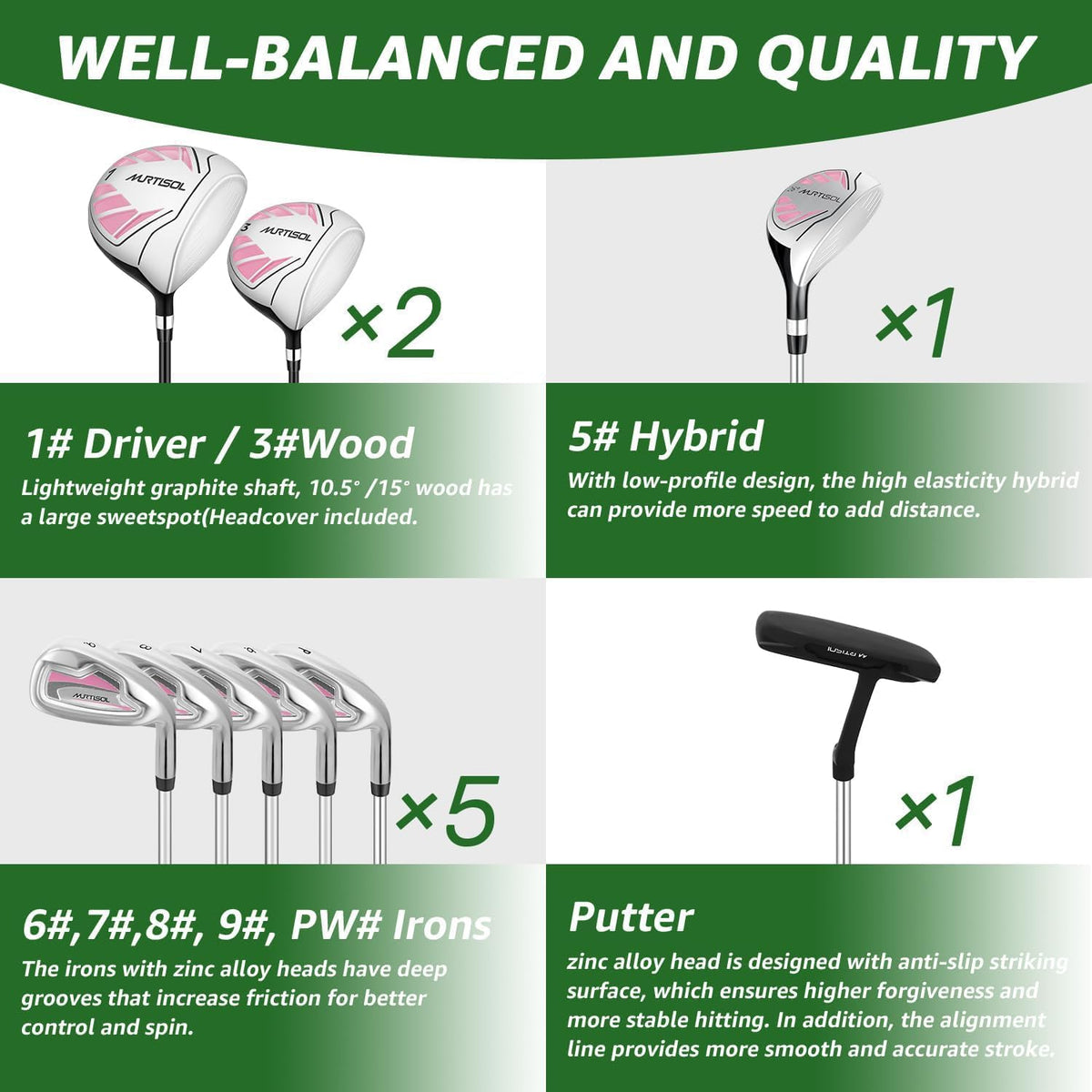 10 Pieces Complete Mens Womens Golf Clubs Set Right Hand for Men Women Includes Stand Bag with Rain Hood, 1#Driver 3#Wood #5 Hybrid,with 3 Head Covers, 6# 7# 8# 9# PW# Irons and Putter