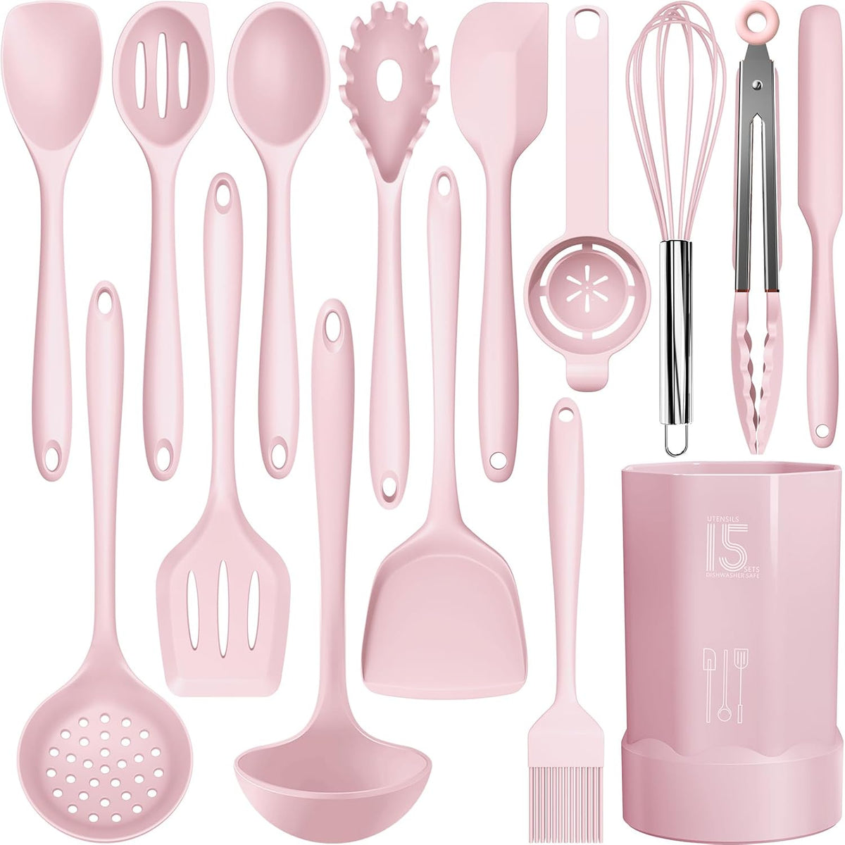 AOTHOD Silicone Cooking Utensils Set - 446°F Heat Resistant Kitchen Utensils, Spatula,Turner Tongs,Spoon,Whisk,Kitchen Utensil Gadgets Tools Set for Nonstick Cookware,Dishwasher Safe BPA Free(Pink)