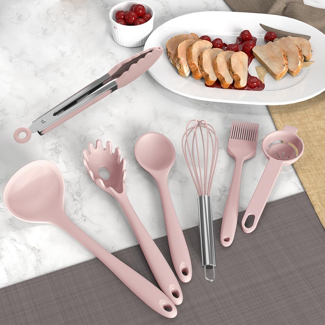 AOTHOD Silicone Cooking Utensils Set - 446°F Heat Resistant Kitchen Utensils, Spatula,Turner Tongs,Spoon,Whisk,Kitchen Utensil Gadgets Tools Set for Nonstick Cookware,Dishwasher Safe BPA Free(Pink)