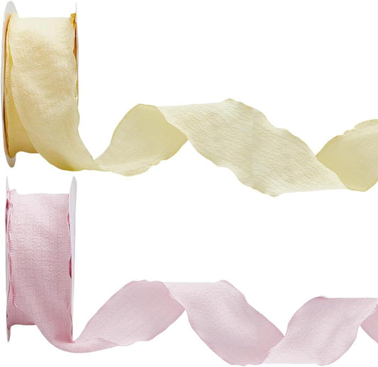 2 Rolls 20 Yards 1.5 Inch Ruffle Edge Ribbon Yellow Pink Double Ruffled Pleated Chiffon Silk Polyester Gathered Fabric Satin Ribbons Trim for Sewing Making Crafts Gift Wrapping Christmas DIY
