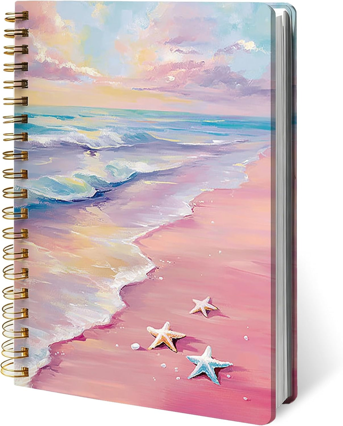 Pink Pastel Coastal Beach Notebook Journal, Beach Lover Gifts Notebooks for Girls, Ocean Themed Gifts Journal, Coastal Sunset Starfish Hardcover Spiral Notebook 5.5x8.3 Inch