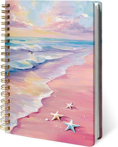 Pink Pastel Coastal Beach Notebook Journal, Beach Lover Gifts Notebooks for Girls, Ocean Themed Gifts Journal, Coastal Sunset Starfish Hardcover Spiral Notebook 5.5x8.3 Inch