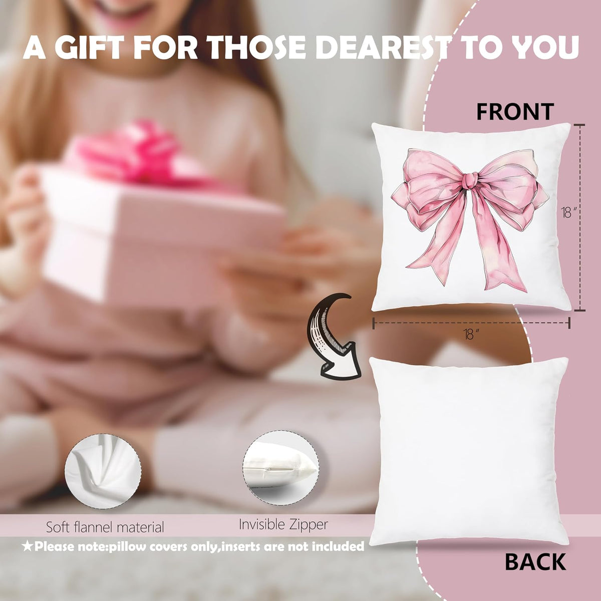 Pink Bow Coquette Pillow Covers 18x18, Pink Bow Coquette Preppy Room Decor, Girly Bedroom Decor