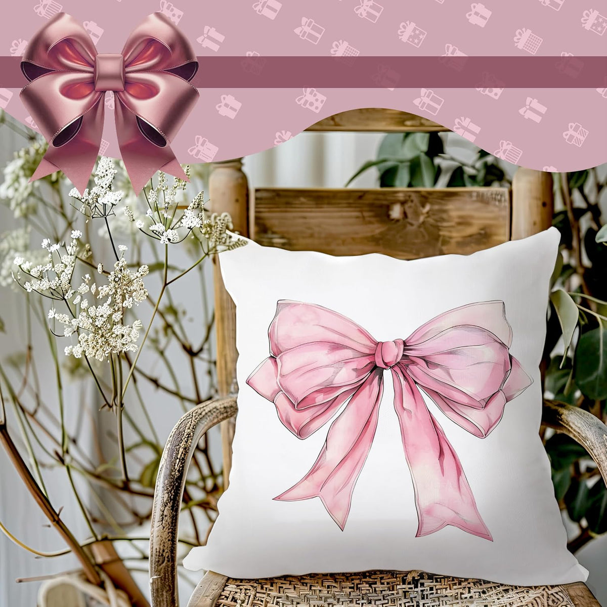 Pink Bow Coquette Pillow Covers 18x18, Pink Bow Coquette Preppy Room Decor, Girly Bedroom Decor