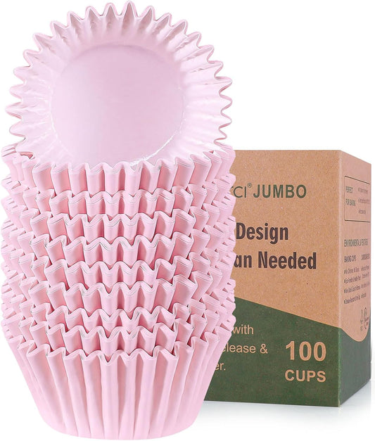 Heavy Duty Jumbo Cupcake Muffin Liners for Baking - Extra Large 100pcs Grease-Resistant Pink Paper Baking Cups, No Muffin Pan Needed, Odorless, Easily Peels (Pink)