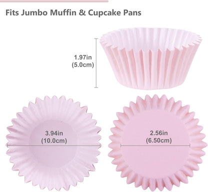 Heavy Duty Jumbo Cupcake Muffin Liners for Baking - Extra Large 100pcs Grease-Resistant Pink Paper Baking Cups, No Muffin Pan Needed, Odorless, Easily Peels (Pink)