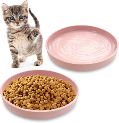 Silicone Cat Food Bowl Shallow Dishes 5.9in Wide Cats Bowls Set of 2 Kitty Plates Relief Whisker Fatigue Puppy Feeding Bowl for Dry Food and Wet Food Indoor (Round Pink)