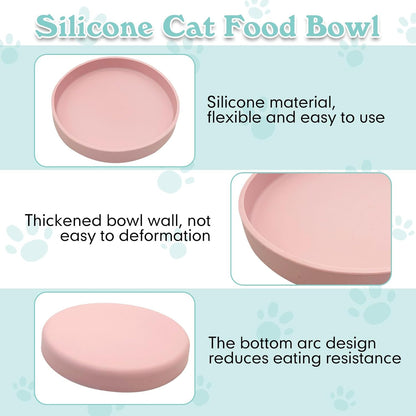 Silicone Cat Food Bowl Shallow Dishes 5.9in Wide Cats Bowls Set of 2 Kitty Plates Relief Whisker Fatigue Puppy Feeding Bowl for Dry Food and Wet Food Indoor (Round Pink)