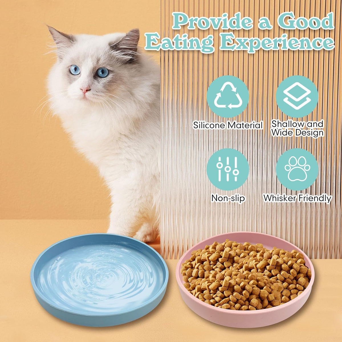 Silicone Cat Food Bowl Shallow Dishes 5.9in Wide Cats Bowls Set of 2 Kitty Plates Relief Whisker Fatigue Puppy Feeding Bowl for Dry Food and Wet Food Indoor (Round Pink)