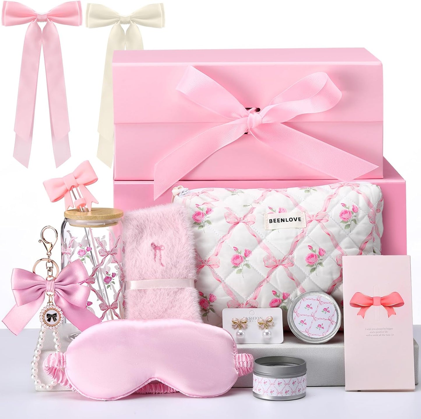 Pink Bow Floral Gift Baskets for Teen Girls, Women Trendy Stuff Coquette Bow Teen Girl Self Care Birthday Box Gift for Her, Sister Friend Women Sweet 16th 18th 21st Box