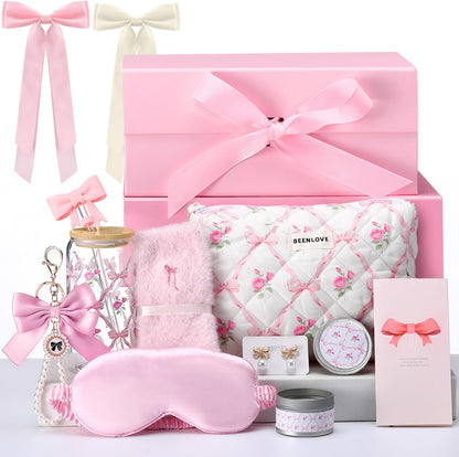 Pink Bow Floral Gift Baskets for Teen Girls, Women Trendy Stuff Coquette Bow Teen Girl Self Care Birthday Box Gift for Her, Sister Friend Women Sweet 16th 18th 21st Box