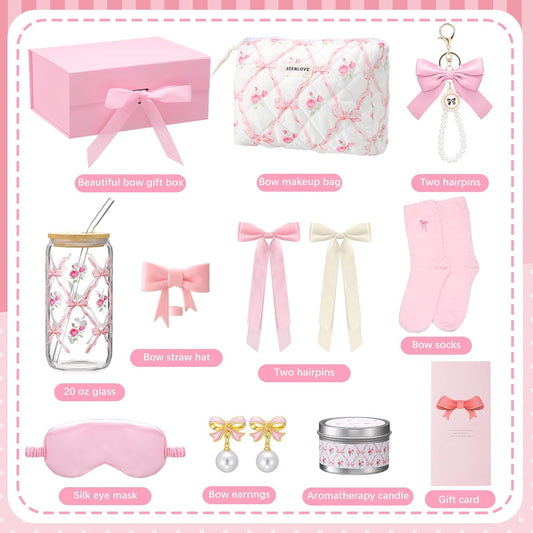 Pink Bow Floral Gift Baskets for Teen Girls, Women Trendy Stuff Coquette Bow Teen Girl Self Care Birthday Box Gift for Her, Sister Friend Women Sweet 16th 18th 21st Box