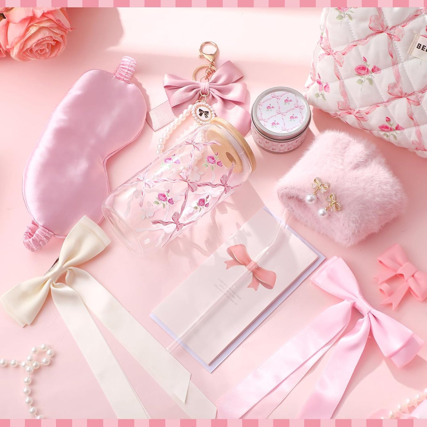 Pink Bow Floral Gift Baskets for Teen Girls, Women Trendy Stuff Coquette Bow Teen Girl Self Care Birthday Box Gift for Her, Sister Friend Women Sweet 16th 18th 21st Box
