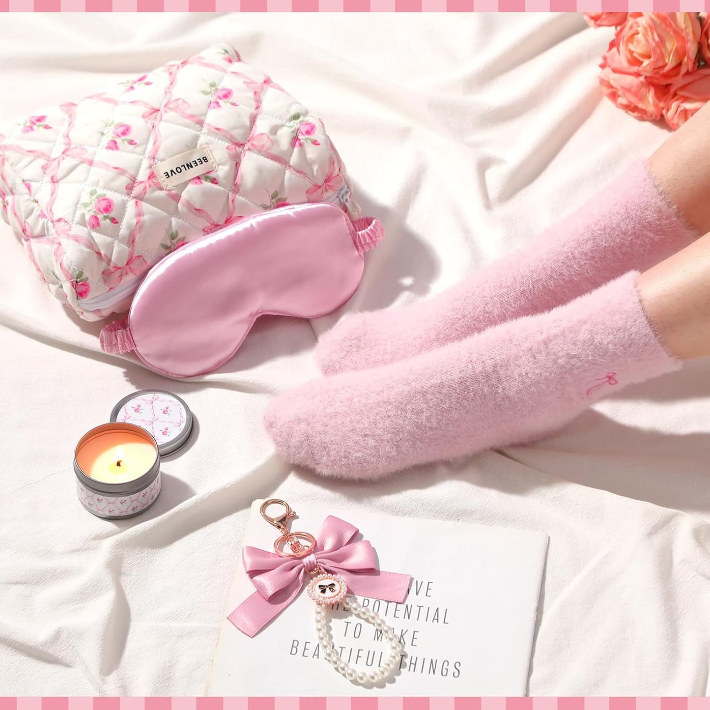 Pink Bow Floral Gift Baskets for Teen Girls, Women Trendy Stuff Coquette Bow Teen Girl Self Care Birthday Box Gift for Her, Sister Friend Women Sweet 16th 18th 21st Box