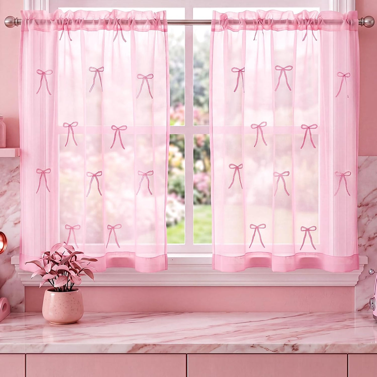 2 Panels Pink Bow Sheer Valance Curtains 38 x 36 inch Pink Bow Embroidered Valance Curtains Decorative Coquettish Sheer Shades Faux Linen Semi Window Decor for Home Party Office