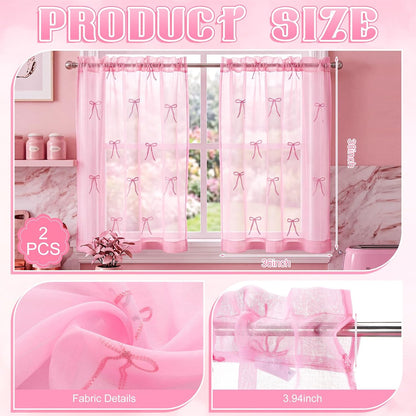 2 Panels Pink Bow Sheer Valance Curtains 38 x 36 inch Pink Bow Embroidered Valance Curtains Decorative Coquettish Sheer Shades Faux Linen Semi Window Decor for Home Party Office