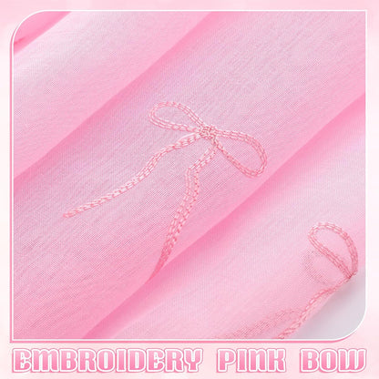 2 Panels Pink Bow Sheer Valance Curtains 38 x 36 inch Pink Bow Embroidered Valance Curtains Decorative Coquettish Sheer Shades Faux Linen Semi Window Decor for Home Party Office