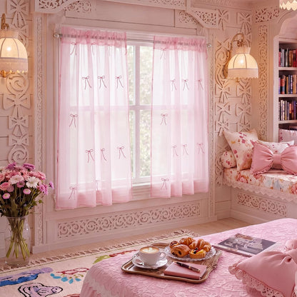 2 Panels Pink Bow Sheer Valance Curtains 38 x 36 inch Pink Bow Embroidered Valance Curtains Decorative Coquettish Sheer Shades Faux Linen Semi Window Decor for Home Party Office