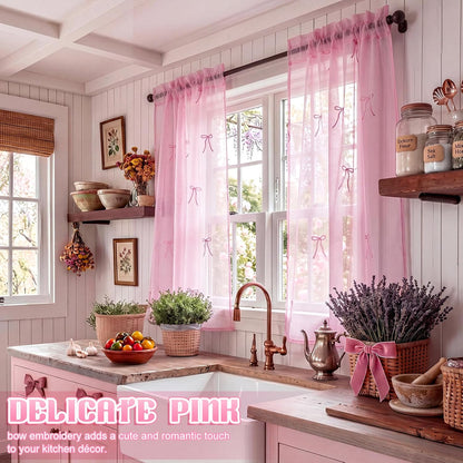 2 Panels Pink Bow Sheer Valance Curtains 38 x 36 inch Pink Bow Embroidered Valance Curtains Decorative Coquettish Sheer Shades Faux Linen Semi Window Decor for Home Party Office