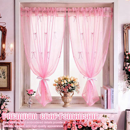 2 Panels Pink Bow Sheer Valance Curtains 38 x 36 inch Pink Bow Embroidered Valance Curtains Decorative Coquettish Sheer Shades Faux Linen Semi Window Decor for Home Party Office